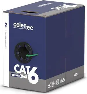 celertec CAT6 Ethernet Cable, 500ft, 23AWG Solid Bare Copper, Unshielded Twisted Pairs(UTP), 550MHz, ETL Listed &CMR Riser Rated, Indoor, Bulk Ethernet Cable -Green