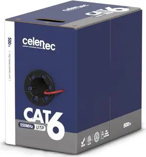 celertec CAT6 Ethernet Cable, 500ft, 23AWG Solid Bare Copper, Unshielded Twisted Pairs(UTP), 550MHz, ETL Listed &CMR Riser Rated, Indoor, Bulk Ethernet Cable -Red