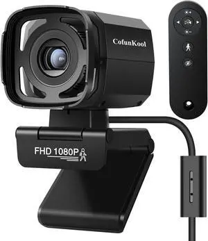 CofunKool Auto Tracking Webcam with Privacy Shutter, Microphone, Remote Control, Full HD 1080P Video, 73deg View Camera, WDR, USB Plug and Play, for Desktop PC Laptop Computer