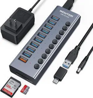 WENTER Powered USB Hub 3.0 with SD/TF Card Reader, Aluminum 10 Port Powered USB Hub (9 USB 3.0 Data Transfer Port & 1 USB Fast Charging Port Hub) USB 3.0 Hub for PC, Laptop