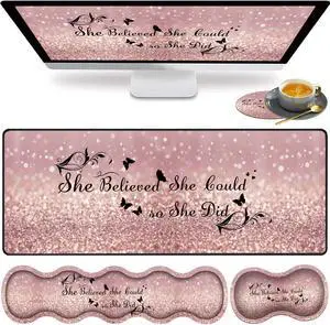 Large Gaming Mouse Pad, Keyboard Wrist Rest pad + Mouse Wrist pad + Coaster Set Extended Waterproof Non-Slip Table mat Suitable for Home Office Learning Games - She Believed She Could So She Did