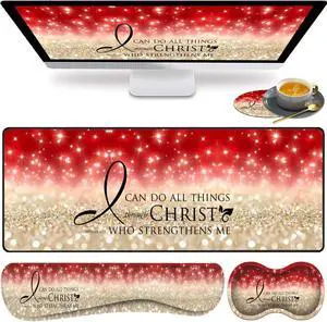 Large Gaming Mouse Pad, Keyboard Wrist Rest pad + Mouse Wrist pad + Coaster Set Extended Waterproof Non-Slip Table mat Suitable for Home Office Learning Games - Bible Verse Pink Philippians 4-13