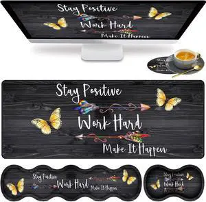 Large Gaming Mouse Pad, Keyboard Wrist Rest pad + Mouse Wrist pad + Coaster Set Extended Waterproof Non-Slip Table mat Suitable for Home Office - Stay Positive Work Hard and Make It Happen