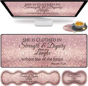 Large Gaming Mouse Pad, Keyboard Wrist Rest pad + Mouse Wrist pad + Coaster Set Extended Waterproof Non-Slip Table mat Suitable for Home Office Learning Games - Bible Verses Proverbs 31:25