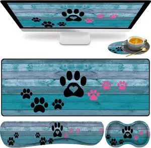Large Gaming Mouse Pad, Keyboard Wrist Rest pad + Mouse Wrist pad + Coaster Set Extended Waterproof Non-Slip Table mat Suitable for Home Office Learning Games - Black and Pink Dog Paw Prints