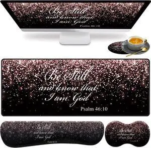 Large Gaming Mouse Pad, Keyboard Wrist Rest pad + Mouse Wrist pad + Coaster Set Extended Waterproof Non-Slip Table mat Suitable for Home Office Learning Games - Rose Gold Glitter Black Psalm46:10