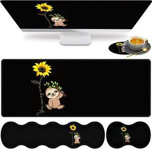 Large Gaming Mouse Pad, Keyboard Wrist Rest pad + Mouse Wrist pad + Coaster Set Extended Waterproof Non-Slip Table mat Suitable for Home Office Learning Games - Sunflower and Sloth