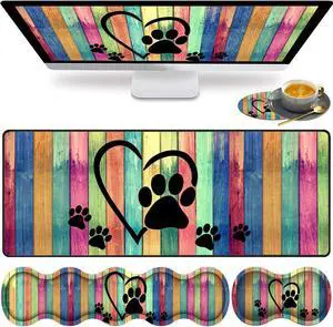 Large Gaming Mouse Pad, Keyboard Wrist Rest pad + Mouse Wrist pad + Coaster Set Extended Waterproof Non-Slip Table mat Suitable for Home Office Learning Games - Rustic Rainbow Woodgrain Dog Paw