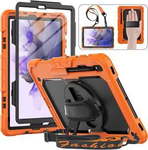 HXCASEAC Case for Samsung Galaxy Tab S7 FE 5G Case 12.4 inch, Protective with Screen Protector/Hand Strap/S Pen Holder, Heavy Duty Case for Samsung Galaxy S7 FE Tablet Case - Orange