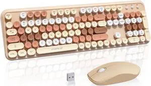 Cute Retro Wireless Keyboard and Mouse Combo with Round Key, 2.4Ghz Dropout-Free Connection, Typewriter Wireless Keyboard and Mouse Set for PC, Laptop, Desktop Computer - Brown Colorful