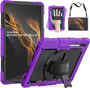 MLZYUE Case for Samsung Galaxy Tab S8 Ultra/S9 Ultra 14.6'', 3-Layer Rugged Military Grade Shockproof Case for Tab S8 Ultra/S9 Ultra with 360° Swivel Handle, S-Pen Holder, Shoulder Strap, Purple