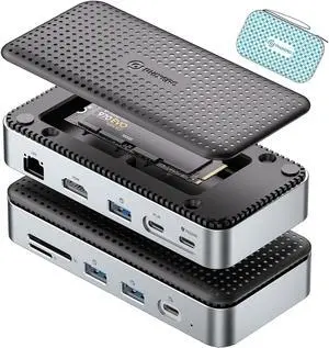 PHIXERO 11-in-1 USB-C Docking Station with M.2 NVME/SATA SSD Enclosure, 10Gbps USB-C/A Data Ports, 4K HDMI, PD 100W, 2x USB 3.0, 1000M Ethernet, SD/TF, Black, for Laptop & More