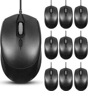Sherr 10-Piece Black Wired USB Computer Mice, Adjustable DPI 800/1200/1600, 4-Button Corded Mouse for Home Office School, Compatible with Windows 7/8/10/XP, Vista, Linux