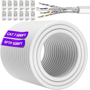 Cat 7 Ethernet Cable Bulk 500ft with 10 RJ45 Connectors, Outdoor&Indoor Cat 7 Ethernet Cable SFTP Triple Shielded, Cat 7 Direct Burial Ethernet Cable, High Speed 10Gbps 600Mhz, for Router Gaming
