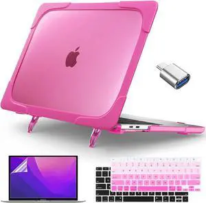 Teryeefi for MacBook Air 13 inch Case M1 A2337/A2179/A1932 (2018 2019 2020 Release), Shockproof Heavy Duty Hard Shell with Fold Kickstand + Keyboard Cover + Screen Protector + USB C Adapter, Pink