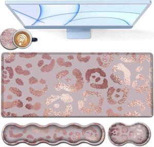 Rose Gold Leopard Pink XXL Mouse Mat - 31.5x11.8in Waterproof Gaming Mouse Pad with Ergonomic Memory Foam Wrist Rest Support for Home Office