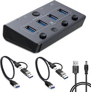Abligogo USB 3.0 Switch for USB A & C Devices - Aluminum Alloy USB Switch, Independent Port Control for Mouse, Keyboard, Printer - USB Switcher 2 Computers