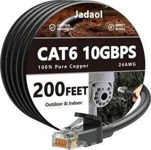 Cat 6 Outdoor Ethernet Cable 200 ft (60.96m), Support Cat8/7 Network, 10Gbps 550MHz, 24AWG Pure Copper, Direct Burial Waterproof In-Ground UV Resistant LAN Patch Cable for Router, Modem, Switch, Black