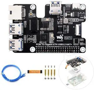 waveshare PCIe to Gigabit Ethernet and USB 3.2 Gen1 HAT, Compatible with Raspberry Pi 5, 3X USB 3.2 Gen1, 1x Gigabit Ethernet, No Driver Required, Plug and Play