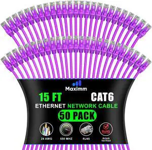 Maximm Cat 6 Ethernet Cable - 15 ft (50-Pack) - High-Speed LAN, Internet, Patch, and Network Cable - UTP, 10Gbps, 550MHz Ethernet Cord - Purple
