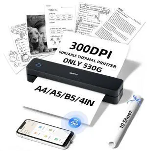 Portable Thermal Printer for Travel - 300DPI Mobile Inkless Printers, Wireless Small Printer for Home Use, Office, Vehicles, Bluetooth Printers Supports 8.5" x 11" US Letter & A4 & A5 Size, Black