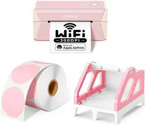 MUNBYN Wireless Label Printer 300DPI, RW401AP Wi-Fi Thermal Printer+Pink Label Holder