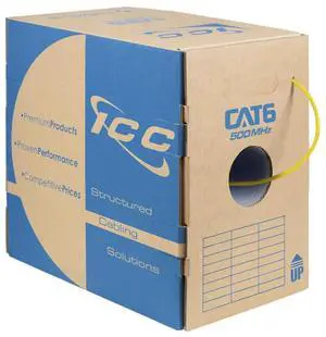 ICC Cat6 CMR Riser 1000ft - UTP 23AWG, 100% Solid Pure Copper, Unshielded, Bulk Ethernet Cable, PoE++, 500MHz, Reelex Pull Box, UL Certified, RoHS, TAA and NEC Compliant, Yellow ICC Cat6 CMR Riser 1000ft - UTP 23AWG, 100% Solid Pure Copper, Unshielded, Bulk Ethernet Cable, PoE++, 500MHz, Reelex Pull Box, UL Certified, RoHS, TAA and NEC Compliant, Yellow