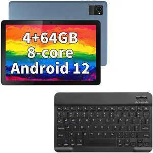 Tibuta E200 10 Inch Android 12 Tablet with Keyboard, 4GB+64GB ROM, 7000mAh Battery (Max 14-Hour), 10.1 Inch HD Screen, 5MP Front & 8MP Rear Camera