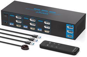 4K144Hz Displayport KVM Switch 3 Monitors 3 Computers 1 HDMI 8K30Hz KVM Switches Triple Monitor for 3 PC Share 3 Screens and 4 USB 3.0 Ports with Wireless Controller