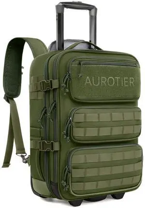 AUROTIER Rolling Tactical Laptop Backpack, 17 Inch Wheeled Military Computer Backpack for Men and Women, Roller Carry on Luggage for Work Travel, Overnight Molle Outdoor Hiking Bag with Wheels, Green