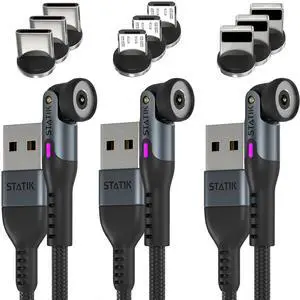 Statik 360 Rotating Magnetic Charging Cable 3 Pack - USB C Charging Cable, 9 Magnet Tips for Magnetic Charger Cable, iProduct, Micro-USB, USB-A & USB C Phone Charger, Black, 3FT/1M