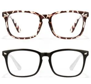 Cyxus 2-Pack Blue Light Blocking Glasses for Men Women Retro Square Frame Anti Glare Screen Gaming Computer Glasses UV Filter Eyeglasses, Interchangeable Regular Lens, Black Clear & Leopard
