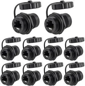 10Pcs RJ45 Connector CAT6 8P8C Panel Mount Shielded Ethernet LAN Bulkhead Ethernet Cable Coupler Extension Adapter Double Head Female to Female with Waterproof/Dust Cap