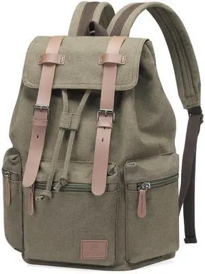 DTGN Vintage Canvas Backpack for Men & Women, Durable Casual Daypack with Leather Accent, Fits for College, Work, Travel, & Outdoor, Green