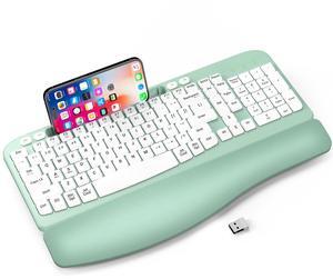 Ergonomic Wireless Keyboard with Cushioned Wrist Rest, Wave Keys, Phone Holder, Comfortable Natural Typing, 2.4GHz Full Size Silent Cordless USB Computer Keyboard for Laptop, Mac, Windows (Mint Green)