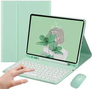 AnMengXinLing Keyboard Case and Mouse Combo for Galaxy Tab A9 Plus 11 Inch 2023 (SM-X210/X216/X218), Round Keys Detachable Magnet Slim Stand Cover with S Pen Holder, Mint Green