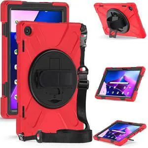 Rugged Case for Lenovo-Tab-M10 (3rd Gen) 10.1" 2022 w/Stylus Holder & 360° Rotating Kickstand, Heavy Duty Hybrid Shock-Proof Cover with Hand/Shoulder Strap TB-328FU/TB-328XU(Red)