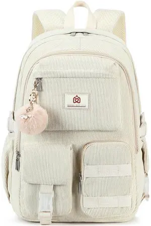 School Backpack for Teens Girls Women 15.6 Inch Laptop College Backpacks Corduroy Work Bag Kids Elementary Middle High Campus Bookbag Students Back Pack Anti Theft Travel Daypack Womens - Beige