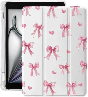 Idocolors Cute Pink Bow Pad Case for iPad 10th/11th Generation, Clear TPU Stand Back Cover with Pencil Holder, for 10.9 Inch iPad 2022/2025 Auto Wake/Sleep Adjustable Protective Case