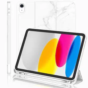 iMieet iPad (A16) Case 11th Gen/iPad 10th Generation Case [11-Inch 2025/10.9 Inch 2022] with Pencil Holder, Trifold Stand Smart Cover with Soft TPU Back,Auto Wake/Sleep(New Marble White)