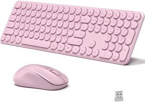 KEQTFT Wireless Keyboard and Mouse Combo, 110 Round Quiet Keys, Adjustable Optical Mouse, Share 1xUSB Receiver, Power Switch, for Windows Mac(Pink)