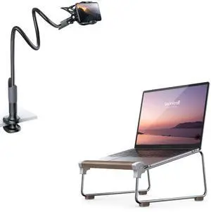 Lamicall Gooseneck Phone Holder and Wooden Laptop Stand