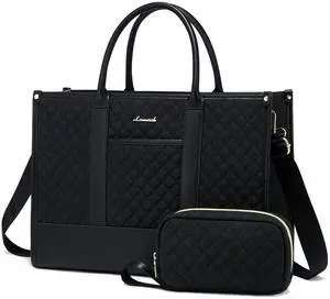 LOVEVOOK Laptop Bags for Women, 17 inch Waterproof Work Tote Bag with Clutch, Professional Teacher Computer Purse Lightweight Shoulder Bag Travel, Quilted Black