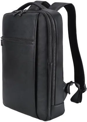 Masa Kawa Slim Genuine Leather Business Backpack 15.6" Laptop Bag for Men Women Office Work Travel Small Thin Computer Casual Daypack, Black