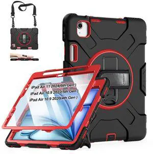 Case for iPad Air 11 M3 2025 & M2 2024: Cover for iPad Air 5th & 4th Generation 10.9 Inch (2020/2022) with Screen Protector- Stand- Handle- Shoulder Strap- Pencil Holder- Black+Red