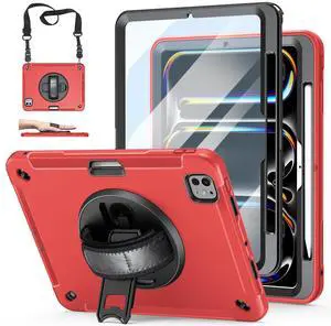 Case for iPad Pro 11 M4 2024: Protective Cover for iPad Pro 11 Inch 5th Generation with Screen Protector- Stand- Handle- Shoulder Strap- Pencil Holder-Red