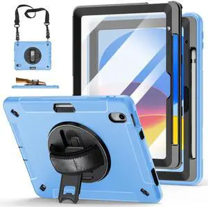 Case for iPad (A16) 11th/10th Generation Case: Protective Cover for iPad 11th Gen 11 Inch 2025 &10th Gen 10.9" 2022 with Screen Protector- Stand- Shoulder Strap- Handle- Pencil Holder-Light Blue