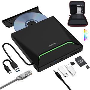 New External CD DVD Drive, Cool DVD Burner USB 3.0 with Ethernet Adapter, 3 USB and 2 TF/SD Card Ports, CD DVD Player Reader Writer Optical Disc Drive for Laptop PC Windows Mac with Carrying Case
