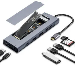 USB-C Hub with M.2 NVMe/SATA SSD Enclosure, 8 in 1 USB C Hub Adapter Fits PCIe 3.0 NVMe M.2 SSD,2.5-inch SATA HDD with 4K HDMI,10Gbps USB-C 3.1&USB 3.1,USB 2.0,SD/Micro SD,100W PD Compatible with XPS