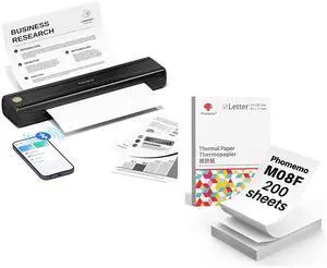 Phomemo M08E Portable Printers & 200 Sheets Folded 8.5" x 11" Thermal Printer Paper, Bluetooth Inkless Thermal Printer Compatible with iPhone, Android Phone, Laptop for Office Car Home Use
